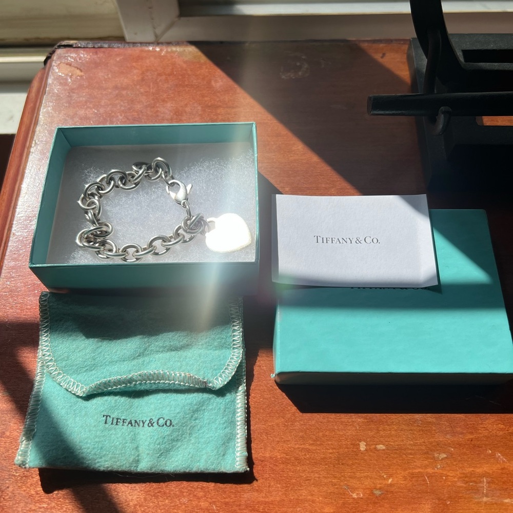 Tiffany & Co. Sterling Silver Heart Tag Link Bracelet with Signature Blue Pouch